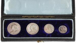 England, Victoria, Maundy Set 1901, 4, 3, 2, 1 Pence i sølv i original æske