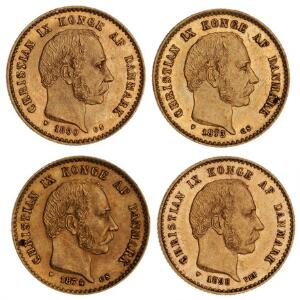 10 kr 1873, 1874, 1890, 1898, H 9A, B, i alt 4 stk.