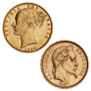 England, Sovereign 1868, F 387i samt Frankrig, 20 Francs 1866 A, F 584