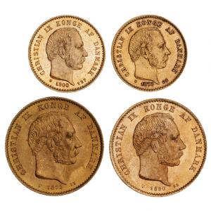 20 kr 1873, 1890, 10 kr 1873, 1900, H 8A, 9A, 9B, F 295, 296, i alt 4 stk.