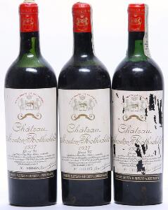 3 bts. Château Mouton Rothschild, Pauillac. 1. Cru Classé 1937 Chateau bottled.