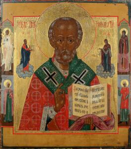 Russisk ikon forestillende Skt. Nicolaus, biskop af Myrra i det 4. årh. Malet på træ. 18.-19. årh. 39,5 x 35.