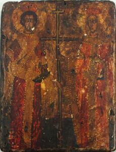Russisk ikon forestillende to helgener holdende Patriarkalkorset. Tempera på træ. 19. årh. 22 x 17.