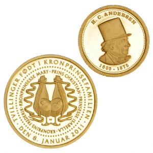 Medaillen De Kongelige Tvillinger  i serien Danmark Regenter, Au, 2 g 5851000 samt Samoa, 10 Dollars - H.C. Andersen 1805-1875, Au, 1,25 g 9001000
