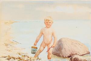 Olga Alexandrovna Olgas yngste søn, Guri Kulikovsky, der leger i vandkanten. Sign. Olga 1922. Vanfarve på papir monteret på malepap. 12 x 17.