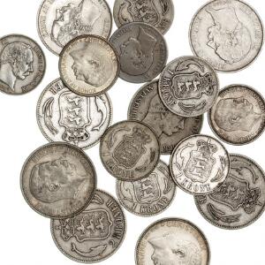 Samling af danske 1 og 2 kr sølvmønter fra Christian IX og X, bl.a 2 kr 1897, 1899, H 13B, i alt 17 stk. i varierende kvalitet