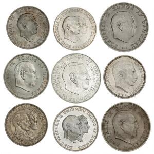 Erindringsmønter 1923, 1930, 1953, 1958, 1960, 1964, 1867, 1968, 1972, i alt 9 stk.