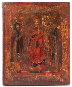 Russisk ikon, Gudsmoderen med Barnet på tronstolen flankeret af helgene. Tempera på træ. 18.19. årh. 32,5 x 27.