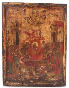 Russisk ikon, Gudsmoders hensoven omgivet af div. helgene. Tempera på træ. 18. årh. 41 x 33.