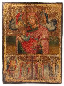 Græsk ikon. Gudsmoderen med Jesusbarnet omgivet af engle. Nederst Ærkeengel og helgener. Tempera på træ. 18.19. årh. 48 x 36.