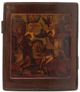 Russisk ikon med Skt. Dimitri og Skt. Georg. Tempera på træ. Dobbelt forsænket billedflade kovtjeg. 18. årh. 31 x 27.