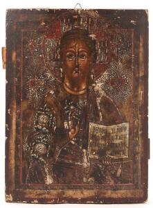 Russisk kirkeikon forestillende Kristus Pantokrator. Tempera på træ. 18.19. årh. 46 x 36.
