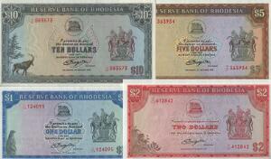 Rhodesia, 1 Dollar 1978, 2 Dollars 1977, 5 Dollars 1978, 10 Dollars 1979, Pick 30-33, i alt 4 stk. i kval. 0
