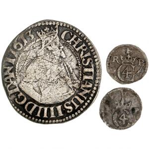 Christian IV, 1 skilling 1621, H 119B, C samt 1 mark 1613, H 99A, i alt 3 stk. i varierende kvalitet