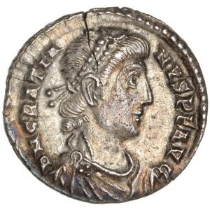 Romerske kejserdømme, Gratian, AD 367-383, siliqua, Trier, RIC 27c, blanketrevne