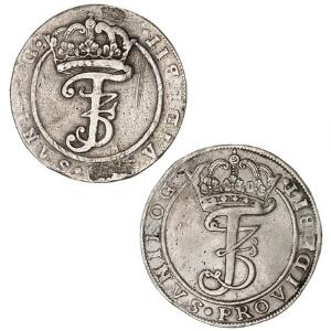 Frederik III, 4 mark  krone 1668, 1669, H 113A, begge med monteringsspor