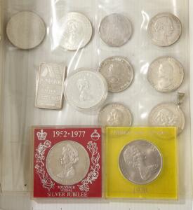 Samling af danske mønter, bl.a. erindringsmønter, 1958, 1960 monteret, 1964 2, 1972 2, 2 kr 1875, 1876, lille 1 oz sølvbarre 9991000 m.m.