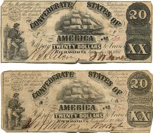 USA, Richmond, Confderate States, 20 Dollars 1861, nr. 132 og 270, Pick 31, i alt 2 stk. i henholdsvis kval. 1 og kval. 1 med huller