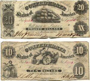 USA, Richmond, Confderate States, 10 Dollars 1861, nr. 65932, Pick 9 og 20 Dollars 1861, nr. 93618, Pick 10, i alt 2 stk. i kval. 1 og 1