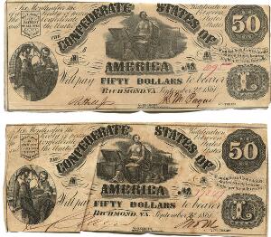 USA, Richmond, Confderate States, 50 Dollars 1861, nr, 695 og 17249, Pick 35, i alt 2 stk. i kval. 1
