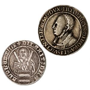 Frederik I, Husum, sølvgylden 1522 Husumdaler, G 114 samt mark 1514, G 115, begge støbte kopier
