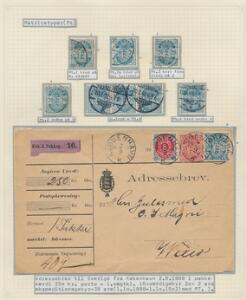 1895. 20 øre blå. Udstillingsplanche med matricetyper 1-4 samt adressebrev til Sverige.