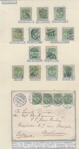 1895. 5 øre grøn, tk. 12 34. Planche med diverse varianter samt brev til Holland.