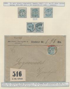 1884. 20 øre blå, tk. 14. Planche fra udstillingssamling med stemplede mærker og brev med efterkrav.