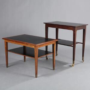 C. B. Hansen Rullebord og sofabord af mahogni, begge med underliggende hylde, plader med sort formica. Sofabord H. 51. L. 75. B. 50. 2