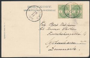 Dansk Vestindien. Postkort, frankeret med parstykke 1 cent, grøn, sendt til Danmark.