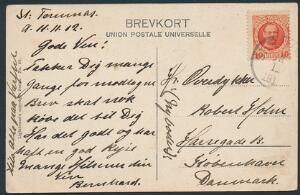 1907. Fr.VIII. 10 Bit, rød. Postkort fra ST. THOMAS 12.11.1912.