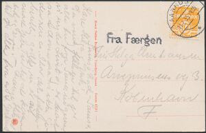 1935. Skibskort fra SAMSØ, sendt til København. Liniestempel Fra Færgen og ankomststemplet i AARHUS 11.7.35.