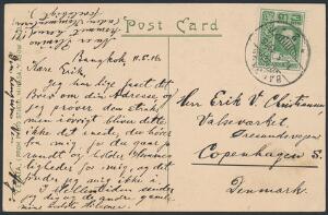 Thailand. Siam. 1916. Postkort sendt til Danmark, med frankering på både for- og bagsiden.