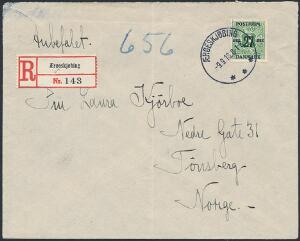 1918. 278 øre, grøn. Single på korrekt frankeret R-brev fra Ærøeskøbing 9.9.1918 til Tönsberg, Norge