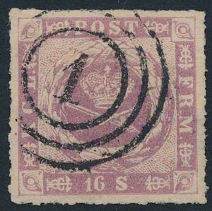 1863. 16 sk. rosalilla. Usædvanlig fint mærke med helt rent nr.stempel 1. Attest Nielsen