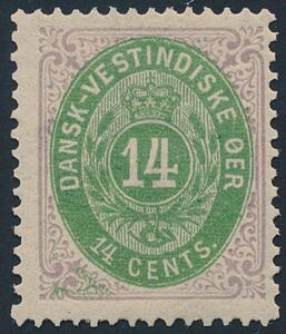 1873. 14 cents, grønlilla. Et meget smukt og farvefrisk POSTFRISK mærke, med flot takning. AFA 14000. Attest Nielsen.
