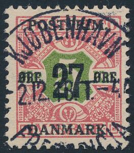 1918. 27 øre5 kr. rødgrøn. LUX-stempel Kjøbenhavn 2.12.18