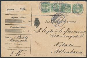 1902. 5 øre, grøn. 4 stk. på adressebrev fra CHRISTIANSØ 1712-05, via Svaneke til København.