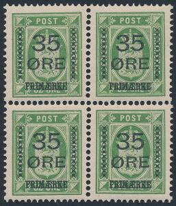 1912. 3532 øre, grøn. Perfekt centreret postfrisk 4-BLOK. AFA 1600