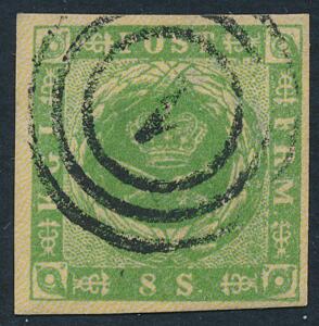 1854. 8 sk. grøn. Smukt farvefrisk mærke med fine rande og nr.stempel 1.
