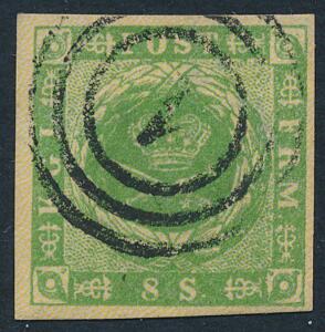 1854. 8 sk. grøn. Smukt farvefrisk mærke med fine rande og nr.stempel 1.