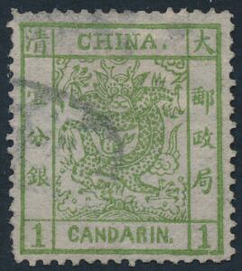 Kina. 1878. Drage. 1 Ca. grøn. Stemplet. Lille tyndhed i nord.