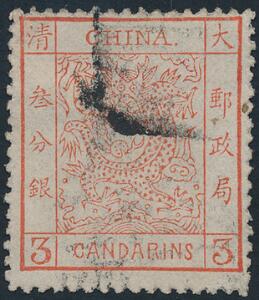 Kina. 1878. Drage. 3 Ca. rød. Stemplet eksemplar.