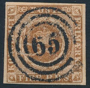 1854. 4 RBS Thiele III, gråbrun. Plade III, nr. 96. Retvendt nr.stempel 65