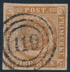 1854. 4 RBS Thiele III, gulbrun. Plade III, nr. 50. Bredrandet og med smukt nr.stempel 119 Itzehoe