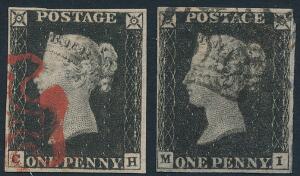 1840. Penny Black. 2 stemplede mærker C-H og M-I. Det sidste med småfejl