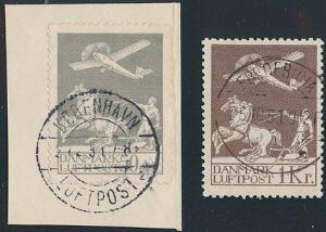 1929. Gl. Luftpost, 50øre, grå og 1 kr. brun. Pænt stemplet sæt