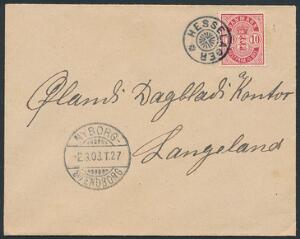 1902. 10 øre, rød. På brev til Langeland, med perfekt stjernestempel HESSELAGER. LUXUS.