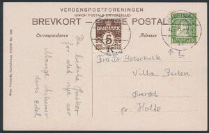 1924. Postjubilæum. 10 øre, grøn og 5 øre, Bølgekinie, brun. Brevkort stemplet på CHRISTIANSBORG 4.1.25. Sjældent brugskort.