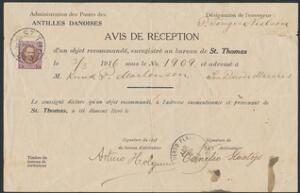 1907. Fr.VIII. 15 Bit, lillabrun. Brugt på MODTAGERBEVIS kvitering for afsendelse af anbefalet brev til San Pedro, stemplet i ST. THOMAS 3.3.1916. Sjældent.